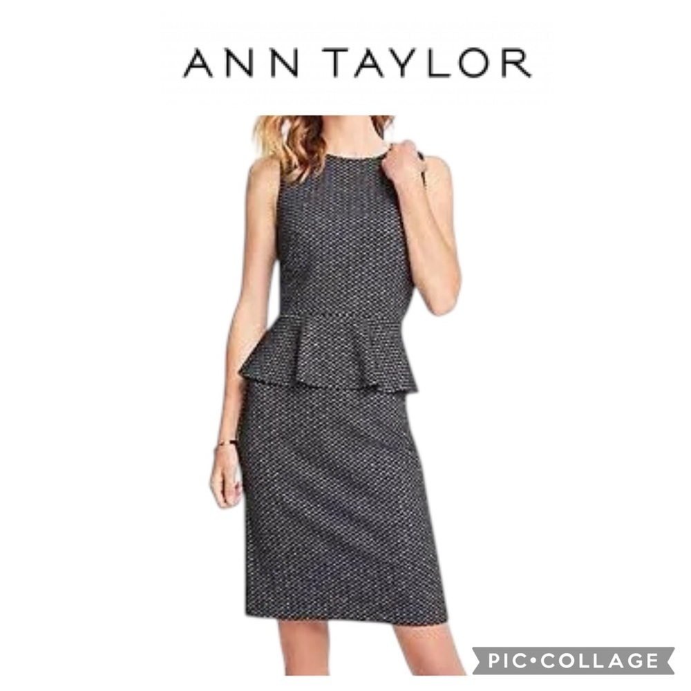 Ann Taylor Herringbone Knit Peplum Sheath Dress in Black Multi petite size 2P